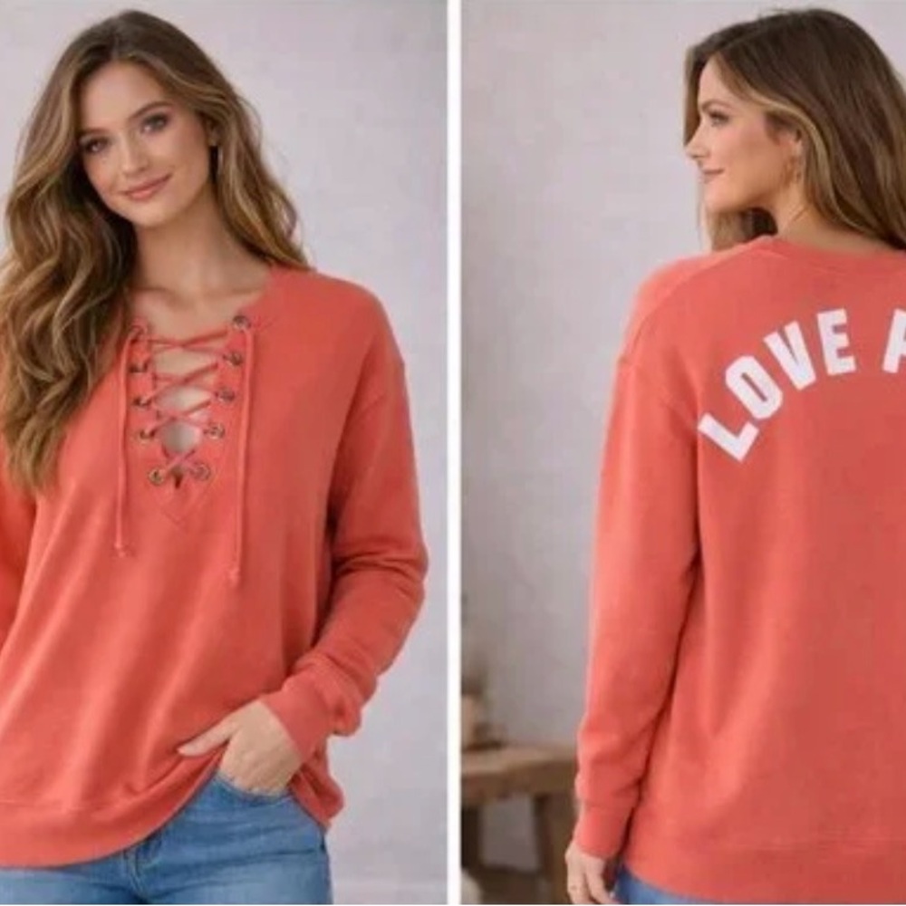 Victorias Secret Pink Lace-up Campus Crew‎ Tunic Pullover Coral Size Small